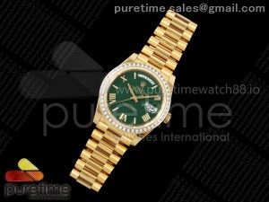 DayDate 40 YG QF 1:1 Best Edition Green Roman Dial Diamonds Bezel on President Bracelet A2836 V5 (Gain Weight)