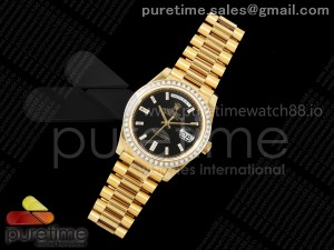 DayDate 40 YG QF 1:1 Best Edition Black Crystal Dial Diamonds Bezel on President Bracelet A2836 V5 (Gain Weight)