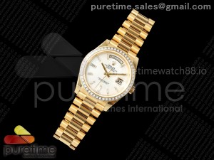 DayDate 40 YG QF 1:1 Best Edition White MOP Crystal Dial Diamonds Bezel on President Bracelet A2836 V5 (Gain Weight)