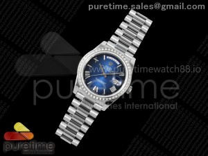 DayDate 40 SS QF 1:1 Best Edition Blue Ombre Roman Dial Diamonds Bezel on President Bracelet A2836 V5 (Gain Weight)