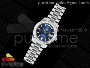 DayDate 40 SS QF 1:1 Best Edition Blue Crystal Dial Diamonds Bezel on President Bracelet A2836 V5 (Gain Weight)