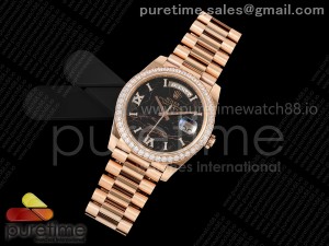 Day Date 40 RG RSF 1:1 Best Edition Eisenkiesel Roman Dial Diamonds Bezel on RG Bracelet A2836 (155g)