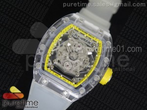 RM056 Transparent Case Yellow Bezel Skeleton Dial on White Rubber Strap MIYOTA 9015