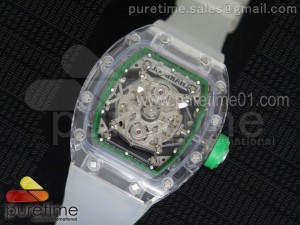 RM056 Transparent Case Green Bezel Skeleton Dial on White Rubber Strap MIYOTA 9015