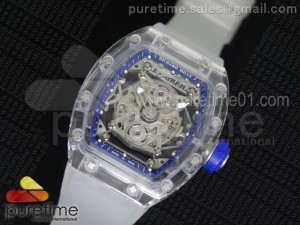 RM056 Transparent Case Blue Bezel Skeleton Dial on White Rubber Strap MIYOTA 9015