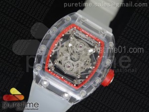 RM056 Transparent Case Red Bezel Skeleton Dial on White Rubber Strap MIYOTA 9015