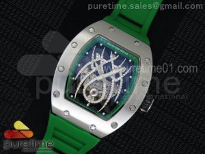 RM 19-01 Tourbillon SS Skeleton Spider Dial on Green Rubber Strap 6T51