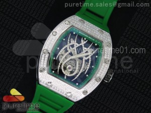 RM 19-01 Tourbillon SS Full Paved Diamonds Case Skeleton Spider Dial on Green Rubber Strap 6T51