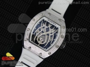 RM 19-01 Tourbillon SS Full Paved Diamonds Case Skeleton Spider Dial on White Rubber Strap 6T51