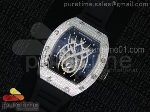 RM 19-01 Tourbillon SS Full Paved Diamonds Case Skeleton Spider Dial on Black Rubber Strap 6T51