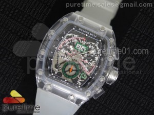 RM011 Transparent Case Black/Green Bezel Skeleton Dial on White Rubber Strap A7750