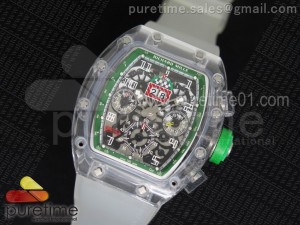 RM011 Transparent Case Green Bezel Skeleton Dial on White Rubber Strap A7750