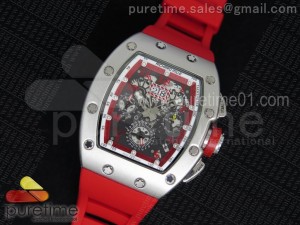 RM011 SS Fake Chronos White Inner Bezel Skeleton Dial on Red Rubber Strap A23J