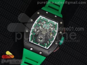 RM011 PVD Fake Chronos White Inner Bezel Skeleton Dial on Green Rubber Strap A23J