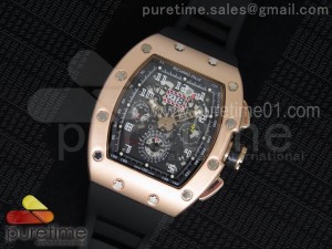 RM011 PVD Case RG Bezel Fake Chronos Black Inner Bezel Skeleton Dial on Black Rubber Strap A23J