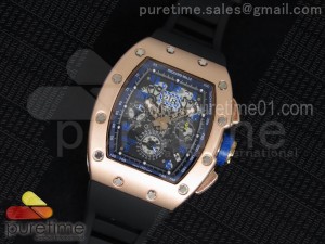 RM011 PVD Case RG Bezel Fake Chronos Blue Inner Bezel Skeleton Dial on Black Rubber Strap A23J