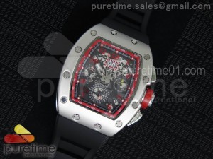 RM011 SS Fake Chronos White Inner Bezel Skeleton Dial on Black Rubber Strap A23J