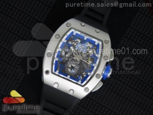 RM011 SS Fake Chronos Blue Inner Bezel Skeleton Dial on Black Rubber Strap A23J