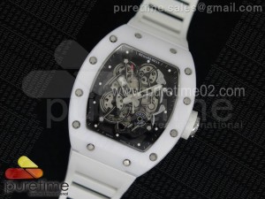 RM055 White Ceramic Black Inner Bezel Skeleton Dial on White Rubber Strap MIYOTA8215