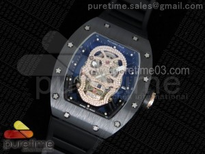 RM052 Black Ceramic Full Paved Diamonds Skull Dial Style 1 on Black Rubber Strap MIYOTA8215