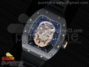 RM052 Black Ceramic Full Paved Diamonds Skull Dial Style 2 on Black Rubber Strap MIYOTA8215