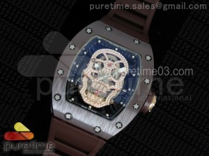 RM052 Brown Ceramic Full Paved Diamonds Skull Dial on Brown Rubber Strap MIYOTA8215