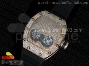 RM053 RG Fake Tourbillon Full Paved Diamonds Skeleton Dial on Black Rubber Strap A2824