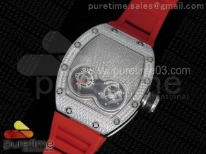 RM053 SS Fake Tourbillon Full Paved Diamonds Skeleton Dial on Red Rubber Strap A2824