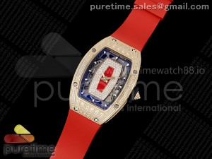RM07 Ladies RG Diamonds Bezel ZF 1:1 Best Edition Red Diamonds Skeleton Dial on Red Rubber Strap CRMA2 Clone