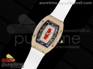 RM07 Ladies RG Diamonds Bezel ZF 1:1 Best Edition Red Diamonds Skeleton Dial on White Rubber Strap CRMA2 Clone