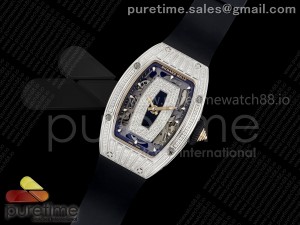 RM07 Ladies SS Diamonds Bezel ZF 1:1 Best Edition Black Diamonds Skeleton Dial on White Rubber Strap CRMA2 Clone