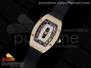 RM07 Ladies Full Diamonds RG ZF 1:1 Best Edition Black Dial on Black Rubber Strap CRMA2 Clone
