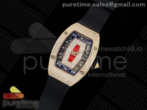 RM07 Ladies Full Diamonds RG ZF 1:1 Best Edition Red Dial on Black Rubber Strap CRMA2 Clone
