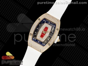 RM07 Ladies Full Diamonds RG ZF 1:1 Best Edition Red Dial on White Rubber Strap CRMA2 Clone