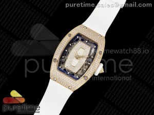 RM07 Ladies Full Diamonds RG ZF 1:1 Best Edition White MOP Dial on White Rubber Strap CRMA2 Clone