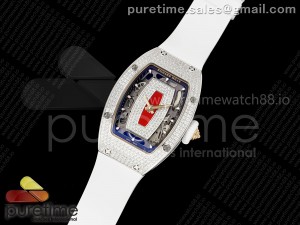 RM07 Ladies Full Diamonds SS ZF 1:1 Best Edition Red Dial on White Rubber Strap CRMA2 Clone
