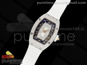 RM07 Ladies Full Diamonds SS ZF 1:1 Best Edition White MOP Dial on White Rubber Strap CRMA2 Clone