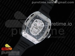 RM052 Polished SS Full Paved Diamonds Skull Dial on Black Rubber Strap MIYOTA8215