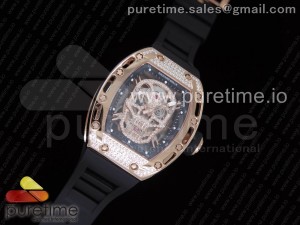 RM052 Polished RG Full Paved Diamonds Skull Dial on Black Rubber Strap MIYOTA8215