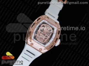 RM052 Polished RG Full Paved Diamonds Skull Dial on White Rubber Strap MIYOTA8215