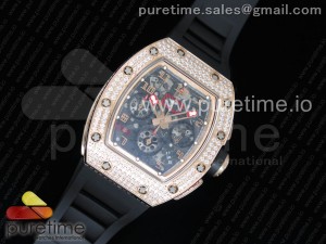 RM011 RG Chronograph Diamonds Bezel KVF 1:1 Best Edition Crystal Skeleton Dial on Black Rubber Strap A7750