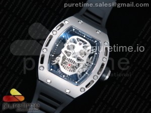 RM052 Titanium Real Tourbillon EURF Best Edition Skeleton Skull Dial on Black Rubber Strap