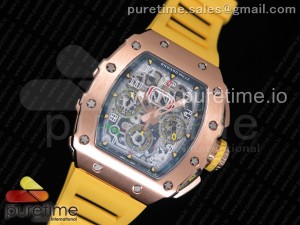 RM011 RG Chronograph RG Case KVF 1:1 Best Edition Crystal Skeleton Dial on Yellow Rubber Strap A7750