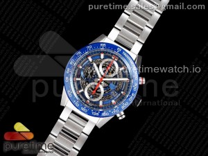 Calibre Heuer 01 Chrono 43mm Blue Ceramic SS XF 1:1 Best Edition Skeleton Dial on SS Bracelet A1887