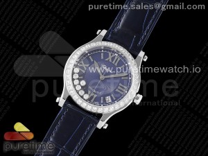 Happy Sport 36mm SS ZF 1:1 Best Edition Diamonds Bezel Blue Dial on Blue Leather Strap A2892