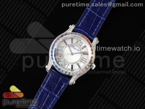 Happy Sport 36mm SS TWS 1:1 Best Edition Rainbow Diamonds Bezel White Dial on Blue Leather Strap A2892