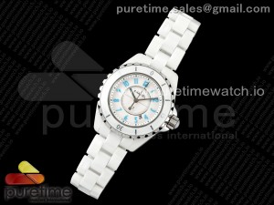 J13 33mm HTF 1:1 Best Edition White Korea Ceramic White Dial Blue Markers on Bracelet Swiss Quartz