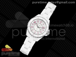 J13 33mm HTF 1:1 Best Edition White Korea Ceramic White Dial Pink Markers on Bracelet ETA Quartz