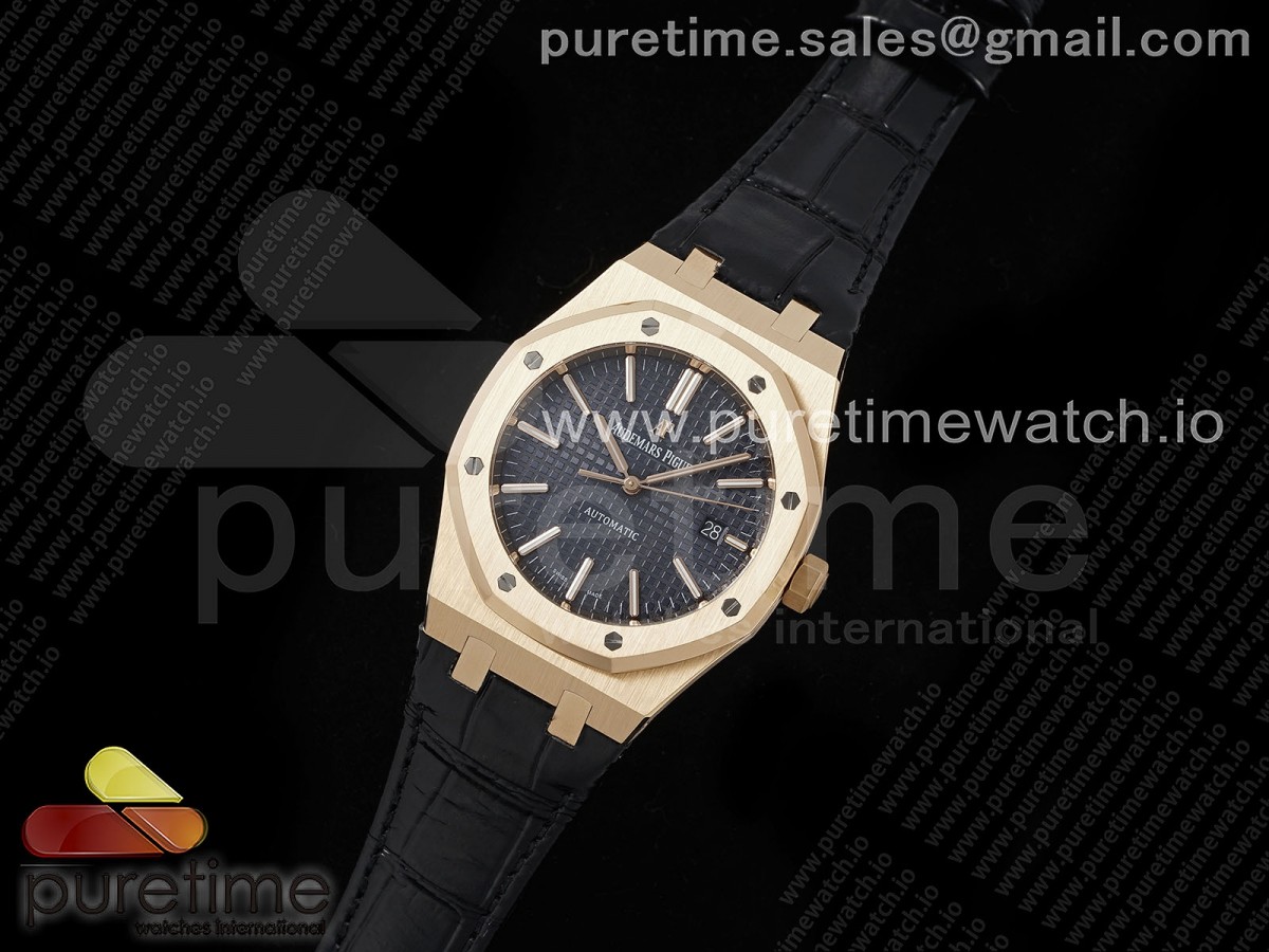 Royal Oak 41mm 15400 RG APSF 1 1 Best Edition Blue Dial on Black Leather Strap SA3120 Super Clone V4 Gain Weight Watch Brands