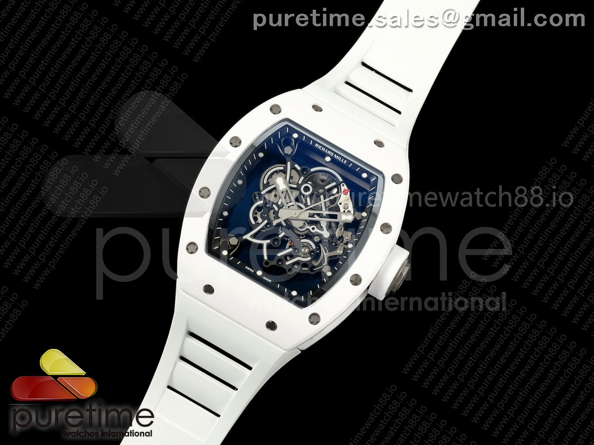 RM055 White Ceramic ZF 1 1 Best Edition on White Rubber Strap RMUL2 Super Clone Richard Mille Watch Brands